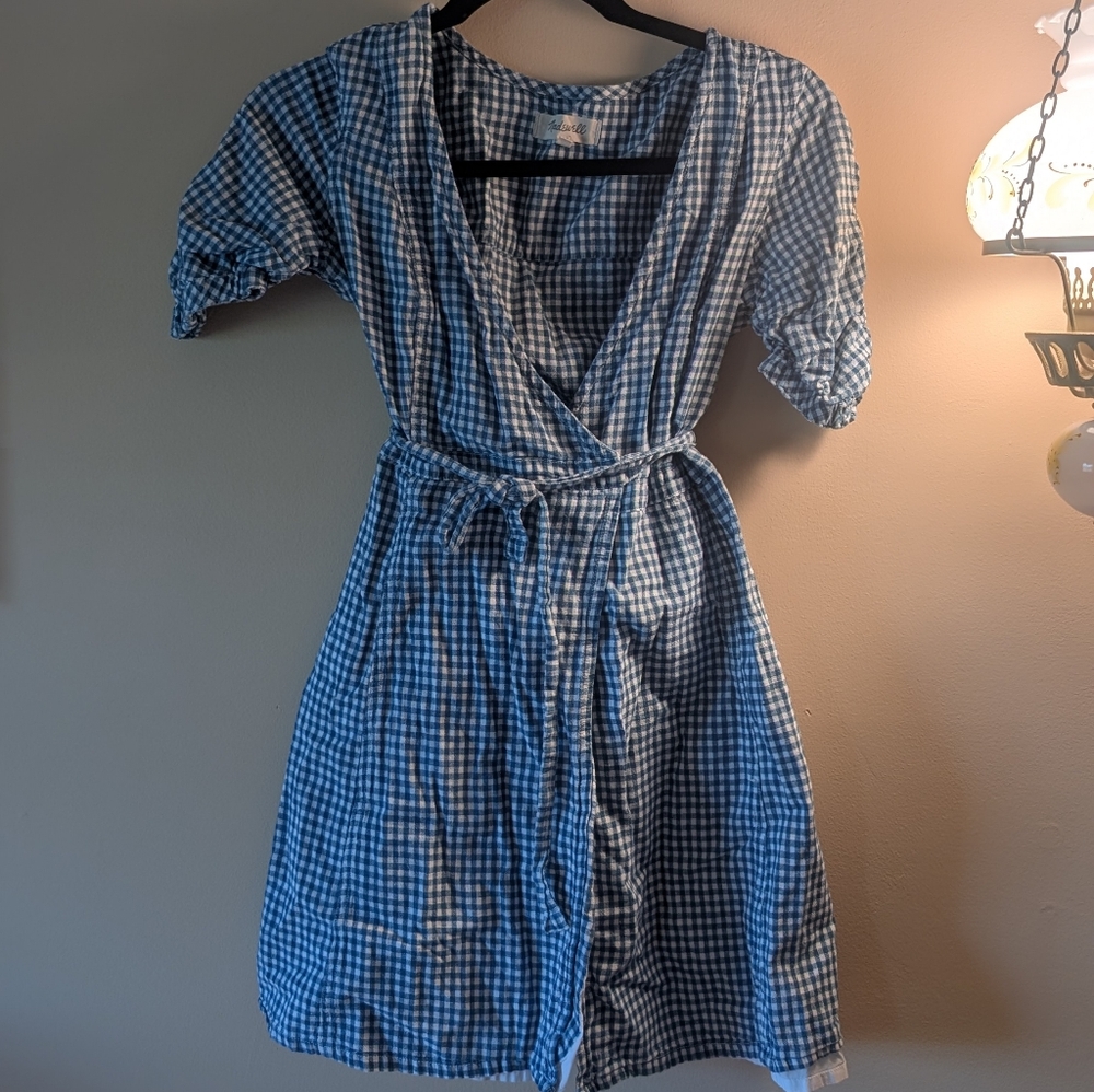 Madewell Gingham Shirred-Sleeve Wrap Dress.